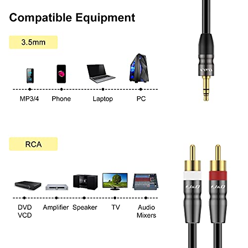 J&D 3.5 mm to Dual RCA Male Stereo Audio Cable, Heavy Duty RCA Cable Gold Plated Copper Shell 3.5mm Male to 2 RCA Male Cable for Smartphone/MP3 Player/Tablet, 1 Feet - size: 1 Feet