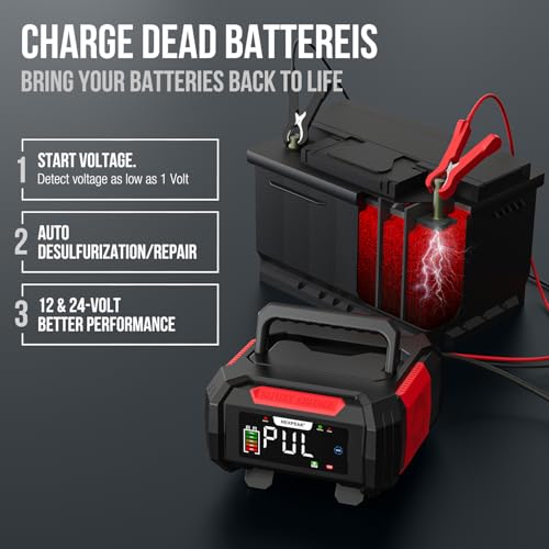 NEXPEAK 15A Battery Charger, Trickle Charger 12V/24V Car Battery Charger 9-Stage Smart LiFePO4 Charger Battery Maintainer w/Overcharge Protection Pulse Repair for Car Truck Motorcycle Lawn Mower
