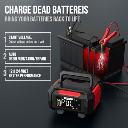 NEXPEAK 15A Battery Charger, Trickle Charger 12V/24V Car Battery Charger 9-Stage Smart LiFePO4 Charger Battery Maintainer w/Overcharge Protection Pulse Repair for Car Truck Motorcycle Lawn Mower