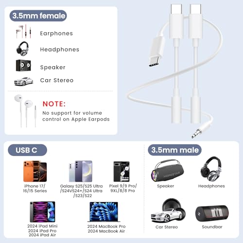 USB C to 3.5mm 오디오 어댑터 2팩 및 1.2m(4피트) Aux 코드, USB C to Aux 케이블 자동차 스테레오 헤드폰 잭 어댑터 아이폰 17/16/15, 삼성 S25 S24 S23, 픽셀, 아이패드, 맥북, 타입 C to 오디오 동글과 호환