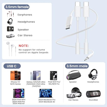 USB C to 3.5mm 오디오 어댑터 2팩 및 1.2m(4피트) Aux 코드, USB C to Aux 케이블 자동차 스테레오 헤드폰 잭 어댑터 아이폰 17/16/15, 삼성 S25 S24 S23, 픽셀, 아이패드, 맥북, 타입 C to 오디오 동글과 호환
