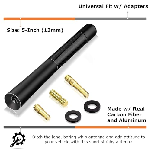 iJDMTOY Universal Fit 5-Inch 13mm Glossy Black Real Carbon Fiber Short Aluminum Antenna Topper Compatible with Car SUV Truck
