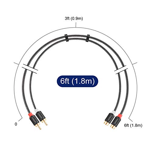 J&D 2 RCA Male to Female Extension Cable - Gold Plated RCA Audio Cable with Nylon Braid & PVC Housing [Audiowave Series] for Home Theater, Receiver, Amplifier, Speaker, 6 Feet - size: 6 Feet
