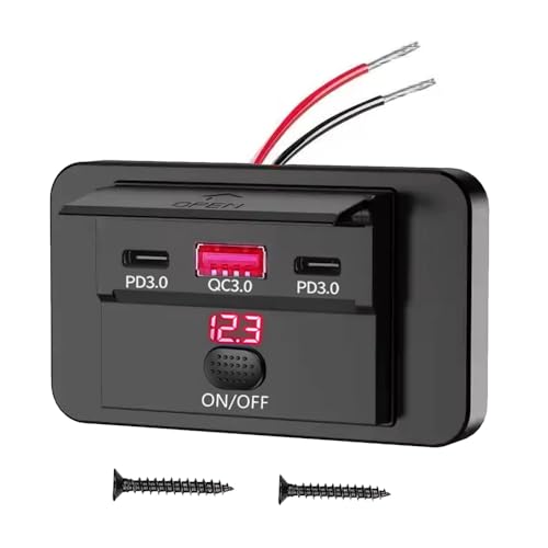 ON/Off Switch 3 Ports USB Car Charger Total 90W, DC 12-24V, USB C PD Max 36W, USB A QC Max 18W, 2 PD+1 QC Dashboard Flush Mount Charge Outlet Socket for RV Bus Boats Truck, Red Voltage Light - color: Red Voltage Light