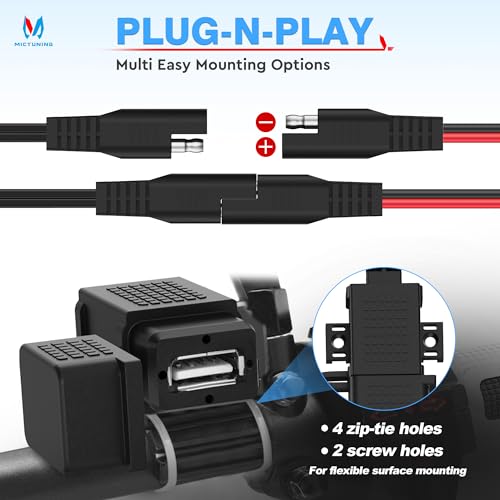 MICTUNING SAE to USB Cable Adapter Waterproof USB Charger Quick 2.1A Port