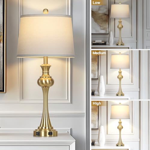 CINSARY Gold Table Lamp for Living Room, 29" Bedside Lamp with USB C+A - color: Gold