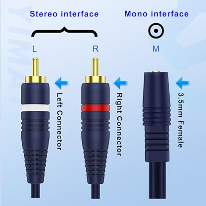 3.5mm to RCA Splitter Cable, RCA y Cable Adapter Splitter Cables 1 Female to 2 Male Cinch Cable for Subwoofer, Speaker, AMP, Turntable, Home Theater(3.5mm to RCA Audio Cable, 2Pack) - size: 3.5 Female to 2 Male