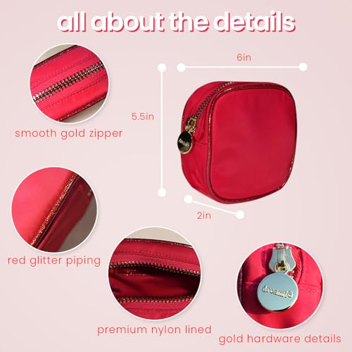 dreamie - Red, Travel Bag, Cute Heart Makeup Bag, Cosmetics, Electronics, Essentials, Car, Organizer, Easy to Clean, Smooth Gold Zipper, Portable, Luxury Nylon - Hot Tamale - color: Hot Tamale