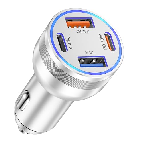 USB C Fast Car Charger, 65W 4-Port Dual USB-C & USB-A Multiport Car Phone Charger Adapter,Fast Charging Cigarette Lighter Adapter Truck Car Accessories for iPhone 17/16/15 Pro Max,Samsung,iPad,Pixel - color: Silver, size: 1 Pack