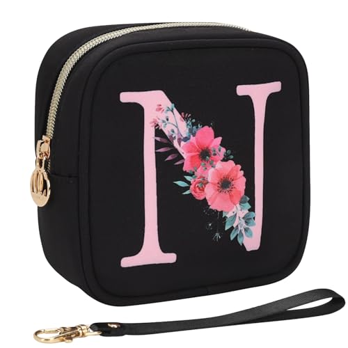 Relavel Initial Mini Makeup Bag for Girls, Small Makeup Bag for Purse with Zipper ＆ Removable Handle, Portable Makeup Pouch Lipstick Skincare Bag, Small Gift Cosmetic Bags for Women Girls(Black N) - size: A-Small, style: N