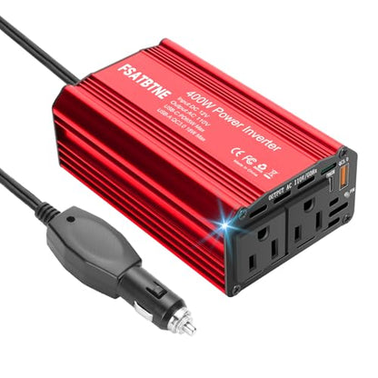 400W Power Inverter, FSATBTNE DC 12V to 110V AC Car Plug Adapter Outlet Converter with [65W PD USB-C] & [18W QC USB-A] Fast Charging Ports and 2 AC Outlets Car Power Inverters for Vehicles - color: Red