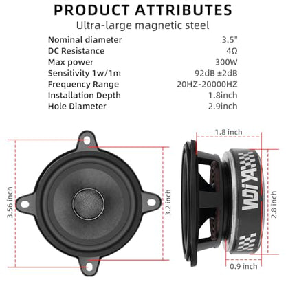 3.5-Inch Car Speaker Wool Fiber Cone+Fiberglass Sound Cap Full Frequency High Fidelity Audio 300W Peak Power 4 Ohms Professional High-End Stereo Surround Sound (2-Speakers) - color: Black 3.5Inch