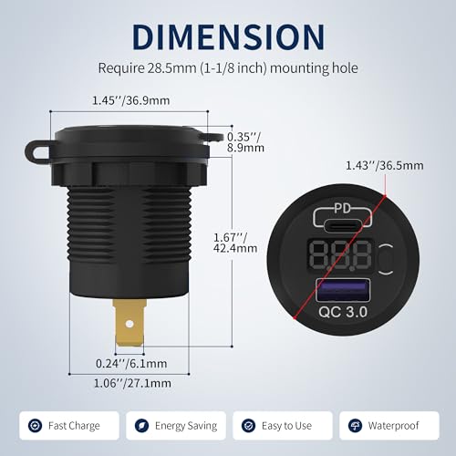 DaierTek 12V USB C Car Charger Socket 3-Pack - 48W PD & QC 3.0 Fast Charging Dual USB Outlet with Voltmeter & ON/Off Switch, Waterproof 12V Charging Port for Car, Marine, Boat, Golf Cart