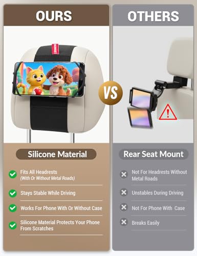 Silicone Car Phone Holder, Adjustable Phone Headrest Mount Compatible with iPhone 17 16 15 14 Pro Max, Samsung Galaxy S25, S25 Ultra and other 3.5 - 7 Inch Cell Phones for Kids in Back Seats - 2 Pack - size: 2 Pack