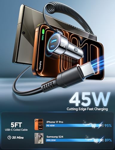 FLYLEAD 90W Car Charger USB C Fast Charge, PD45W for iPhone 17/16 Pro Max - color: Black - 6.7 FT
