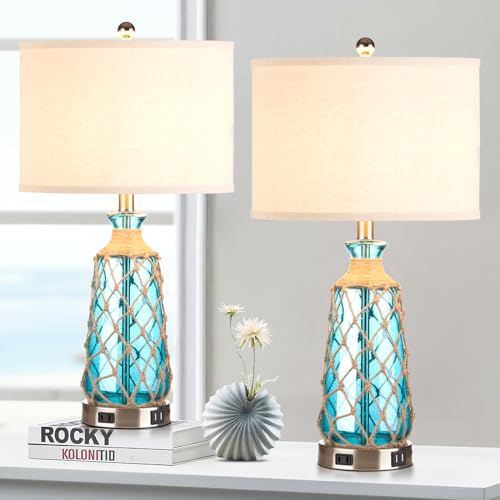 Ruzectt 25.5" Coastal Glass Table Lamps Set of 2, 3-Way Dimmable Touch Control Bedside Lamps with 2 USB Ports and AC Outlet, Blue Nautical Nightstand Lamps for Bedroom Living Room (LED Bulbs Included) - color: Teal