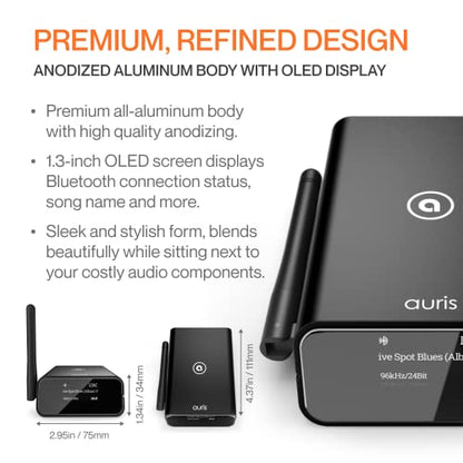 Auris Blume Pro HiFi Bluetooth 5.3 Music Receiver Long Range Bluetooth Adapter with Audiophile DAC, LDAC, aptX HD, OLED Display & Optical Coaxial AUX Output for Home Stereo, AV Receiver or Amplifier