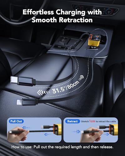 Retractable Car Charger, 4-in-1 Car Lightning Charger with USB-C & USB-A - color: Gold