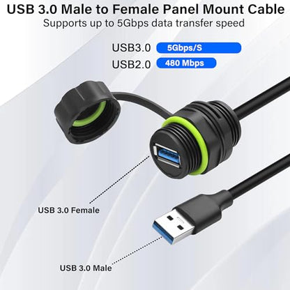 USB 3.0 Male to Female Mount Flush Extension Cable IP68 Outdoor Waterproof USB Threaded Socket Cable Adapter 5.0Gbps USB A Waterproof Socket for Data + Power,Industrial Standard 3.28ft