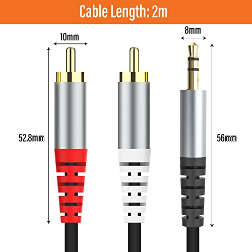 HIEbee RCA to 3.5mm AUX Cable, (2M/6.6Feet) 3.5mm 1/8 to RCA 2-Male Headphone Jack Adapter Y Splitter Premium Stereo Audio Cord for Smartphones, Tablets, HDTV,or MP3 Players, Speakers - size: RCA cable--2M