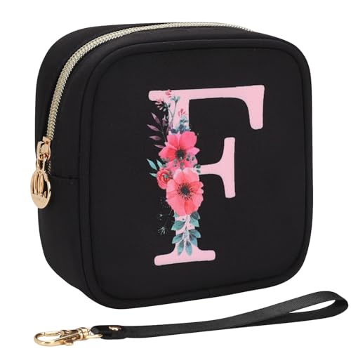 Relavel Initial Mini Makeup Bag for Girls, Small Makeup Bag for Purse with Zipper ＆ Removable Handle, Portable Makeup Pouch Lipstick Skincare Bag, Small Gift Cosmetic Bags for Women Girls(Black F) - size: A-Small, style: F