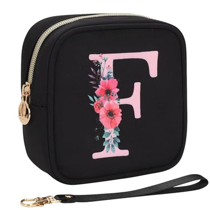 Relavel Initial Mini Makeup Bag for Girls, Small Makeup Bag for Purse with Zipper ＆ Removable Handle, Portable Makeup Pouch Lipstick Skincare Bag, Small Gift Cosmetic Bags for Women Girls(Black F) - size: A-Small, style: F