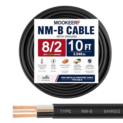 8/2 Wire with Ground - 10FT NM-B 8 Gauge Non-Metallic Sheathed Cable 100% Pure Copper 8 AWG 2 Conductor Residential Indoor Wire for Outlets, Switches, Other Loads and Lighting Wiring Projects etc. - size: 10FT, style: 8AWG/2