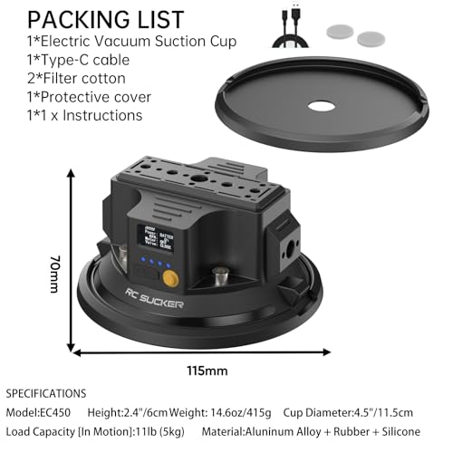 4.5" Electric Vacuum Suction Cup Camera Mount, Heavy-Duty Metal Car Mount for Camera/Action Camera/Phone, 50kg Load Auto Suction Cup for Car Windshield/Boat/Window, with 1/4" 3/8" Threads - size: 4.5"