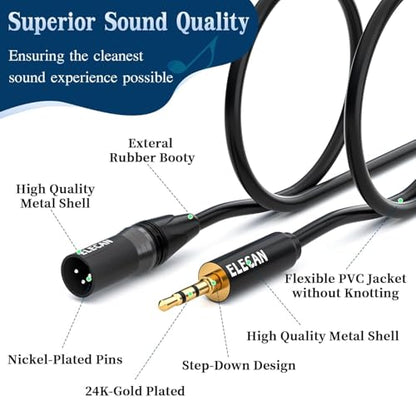 Elecan 3.5mm (1/8 Inch) TRS Aux Male to XLR Male Cable 6 Ft, Balanced Professional Shielded Stereo Microphone Cable Cord, Gold Plated for DSLR Camera Mixer Headphones with 3.5 to 6.35mm Adapter+Ties - size: 6FT, style: 3.5mm to XLR Male