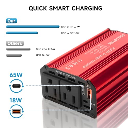 400W Power Inverter, FSATBTNE DC 12V to 110V AC Car Plug Adapter Outlet Converter with [65W PD USB-C] & [18W QC USB-A] Fast Charging Ports and 2 AC Outlets Car Power Inverters for Vehicles - color: Red