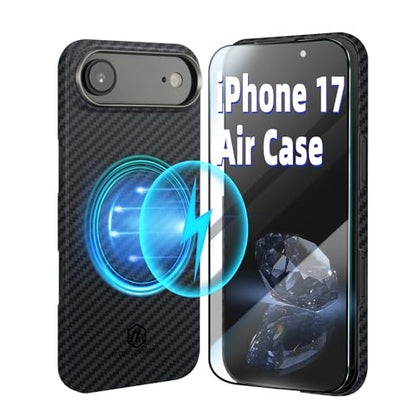MONOCARBON Aramid Fiber Case for iPhone 17 Air, Ultra-Thin & Light 6.5in Hard Cover with [Metal Camera Frame], [1500D Aramid Fiber Woven],[MagSafe Compatible], [Easy-Grip]+[Free Screen Protector] - size: for iPhone 17 Air
