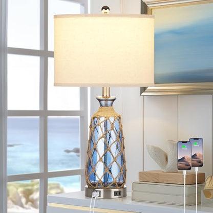 Ruzectt Coastal Glass Table Lamps, 3-Way Dimmable Touch Control Bedside Lamps with 2 USB Ports and AC Outlet, Blue Nautical Nightstand Lamps for Bedroom Living Room (LED Bulbs Included) - color: Blue 1P