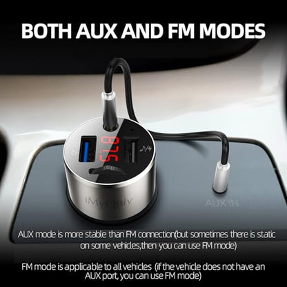Adapter FM Transmitter Bluetooth 5.3,iMyOnly QC3.0 All-Metal Bluetooth AUX Adapter for Car Music Player, Wireless FM Radio Car Kit with Hands-Free Calling,Supporting USB Disk