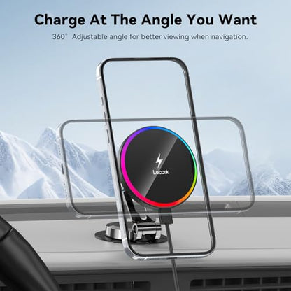 Lecork for Magsafe Car Mount, 15W Magnetic Wireless Charger for iPhone, Magsafe Air Vent Car Holder Charger for iPhone 17 Pro Max/16/15/14 13 12, Samsung S25/S25+/Ultra, RGB LED Design