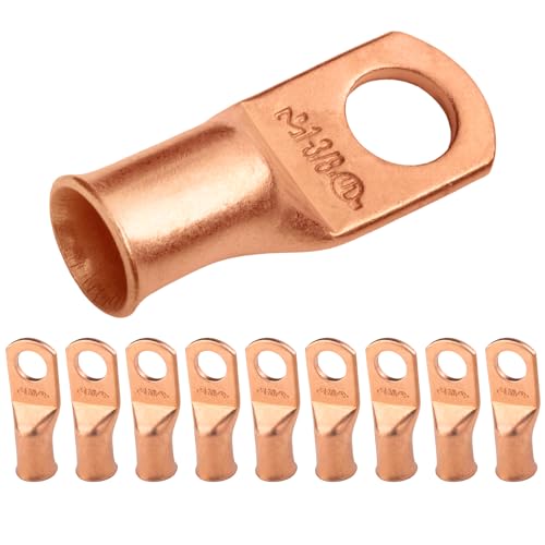 SELTERM 10pcs 1 AWG, 3/8" Stud Heavy Duty Bare Copper Battery Cable Lugs - color: Bare Copper Lugs, size: 1 Awg - 3/8" (M10) Ring