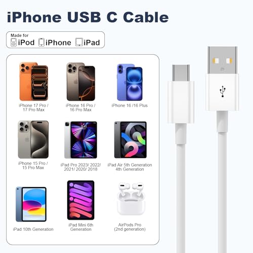 Car Carplay Cable for iPhone 17 16 15 Pro Max Air 6FT USB A to USB C Cable - color: White, size: 6FT