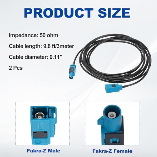 uxcell 2Pcs Antenna Extension Cable, 9.8ft/3meter Longer Fakra-Z Male to Fakra-Z Female RF Coax Cable for Car Stereo Head Unit GPS Navigation FM AM Radio RG174 - size: 9.8ft/3.0m