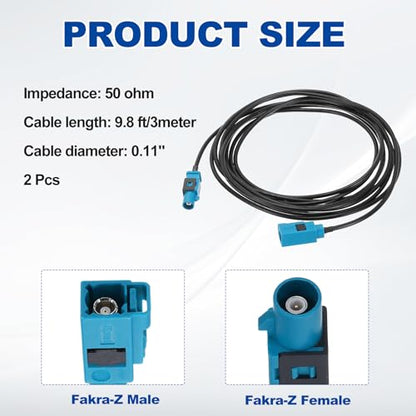 uxcell 2Pcs Antenna Extension Cable, 9.8ft/3meter Longer Fakra-Z Male to Fakra-Z Female RF Coax Cable for Car Stereo Head Unit GPS Navigation FM AM Radio RG174 - size: 9.8ft/3.0m