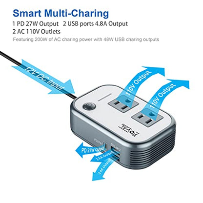 FOVAL 200W Car Power Inverter, DC 12V to 110V AC Car Laptop Charger Fast Charger Converter with [27W PD USB-C] & Dual USB Ports Multi-Protection Car Outlet Adapter Power Inverter for Vehicles