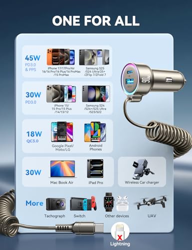 FLYLEAD 90W Car Charger USB C Fast Charge, PD45W for iPhone 17/16 Pro Max - color: Titanium - 5 FT
