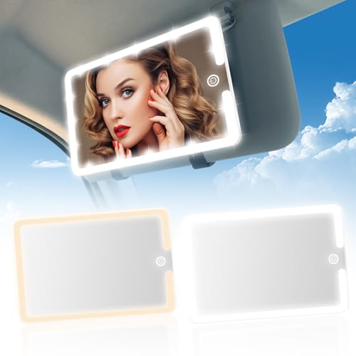 2PCS LED Mirror for Car Sun Visor Accessories,Mid-Size Car Visor Mirrors with 3-Color Dimmable Lights,Lighted Rear View Mirror for Universal Vehicle (White) - size: Regular(White-LED-2pcs)