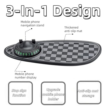 Universal Car Anti-Slip Mat Dashboard Mat with 360° Rotating Phone Holder with Temporary Parking Number, with Residue-Free Adhesive Tape, Multi-Functional Organizer Pad for Sunglasses, Keys (Gary)