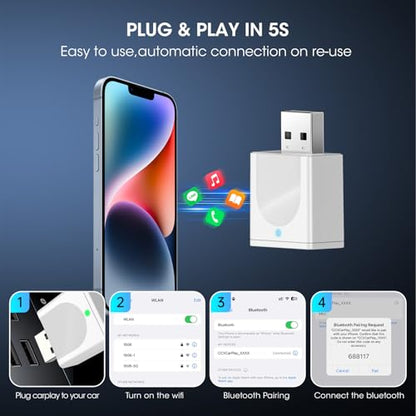 Wireless Carplay Adapter for iPhone, Convert Wired to Apple Carplay Wireless Adapter, Mini Size with Bluetooth 5.3 WiFi 5.8 GHz, Plug and Play, Connection Stable No Delay, White - color: White