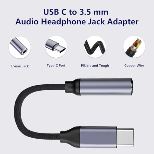 5 Pack USB C to 3.5mm Headphone Jack Adapter Type C Audio Aux Cable Dongle Compatible with iPhone 16/15/15 Plus/15 Pro/15 Pro Max/iPad/Pixel, Samsung Galaxy S23 S22 S21 S20 Ultra Z Flip/Note (Gray)