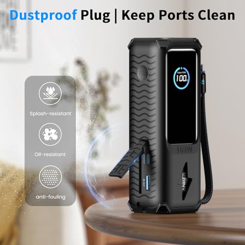 YWXTW Silicone Case for Anker Laptop Power Bank (25,000mAh/165W) - Shockproof Drop-Resistant, Built-in Cable Storage | Non-Slip Grip, Hidden Dust Plug Protective Cover for Anker Power Bank 165w - color: Black