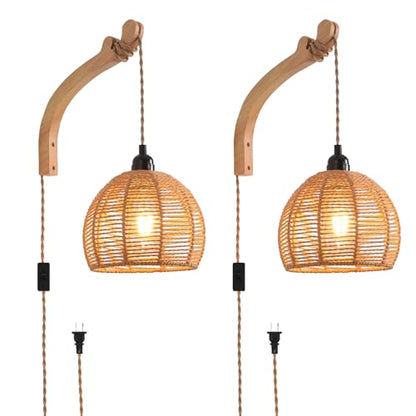 Plug in Wall Sconce,Farmhouse Wicker Wall Lamp Plug in,Hand Woven Rattan Wall Light Farmhouse Rustic Boho Sconces Wall Lighting for Living Room Bedroom - color: Rattan, size: 2 Pack 7.87IN