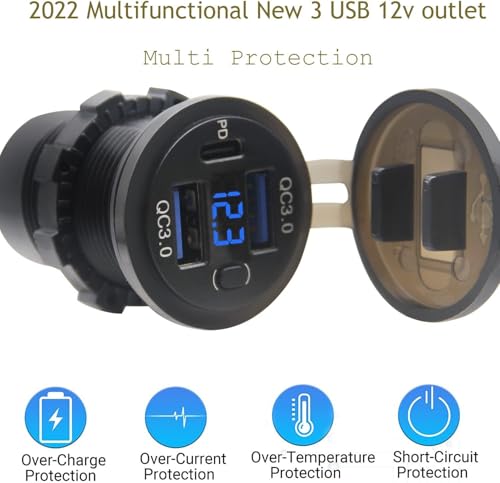 2 Pack 12V USB Outlet, QC3.0 & PD Dual Car Charger with Voltmeter & Switch - color: 2QC+1PD