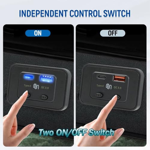 Car Boat RV Fast Charger Socket LED Power Outlet Panel 48W 12V-24V USB PD QC3.0