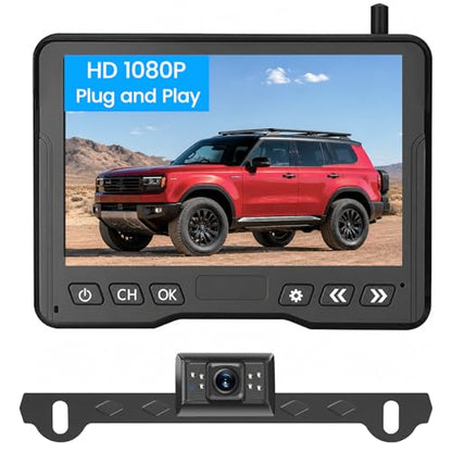 15-Min Install 5-Inch Wireless Backup Camera for Car：1080P HD No Drill Plug-Play 2-Split Monitor, Need Wiring Stable Signal Waterproof IR Night Vision Rear View Camera for SUV, Pickup, Van, Camper