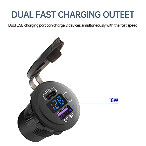Quick Charge 3.0 Dual USB Car Charger Socket with LED Voltmeter and ON Off Switch Fused Wire Kit 12V/24V PD QC3.0 Fast Charge USB Outlet for Car Boat Marine RV Truck Golf
